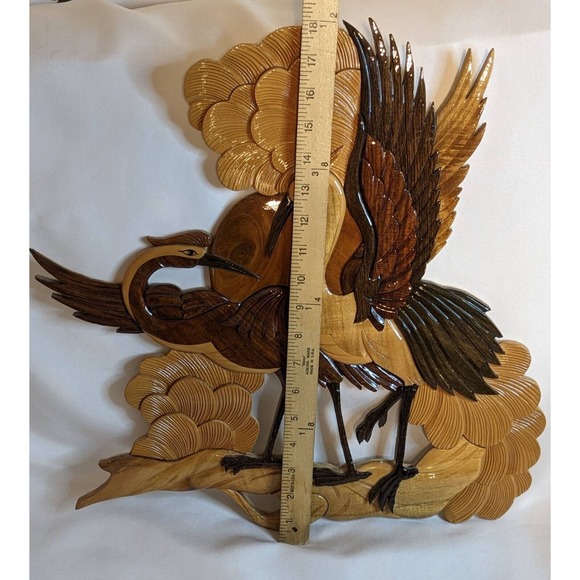 Intarsia Wood Art Hand Carved 3D Stork Crane Sun Clouds Branch Wall Décor Plaque
